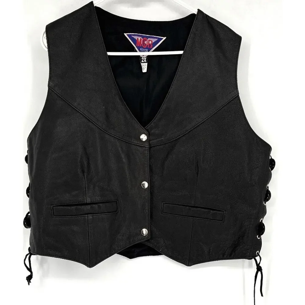 Vintage MOB Blk Leather Sz 2X Laces Silver Conchas Vest Pockets
